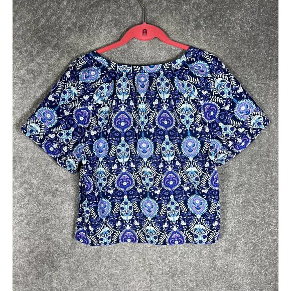 Talbots V-Neck Tiered Short Sleeve Blue Floral Crop Top Womens Large Lightweight - Picture 2 of 14